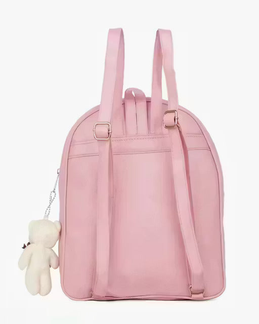 Girls Stylish Pink Backpack Combo (3-in-1) | Cute Bow Design | School, College & Travel Use | PU Leather | Round Sling Bag + Mini Pouch Included