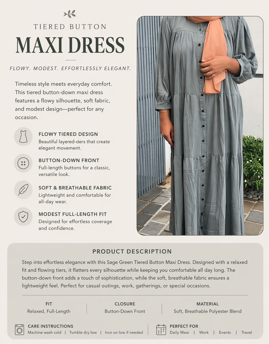 Soft Sage Tiered Long Sleeve Maxi Dress