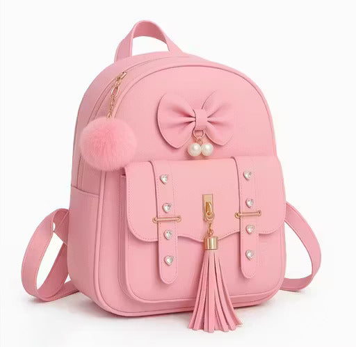 Girls Stylish Pink Backpack Combo (3-in-1) | Cute Bow Design | School, College & Travel Use | PU Leather | Round Sling Bag + Mini Pouch Included